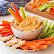 Budget-Friendly Vegan Snack: Chickpea and Roasted Red Pepper Hummus with Veggie Sticks